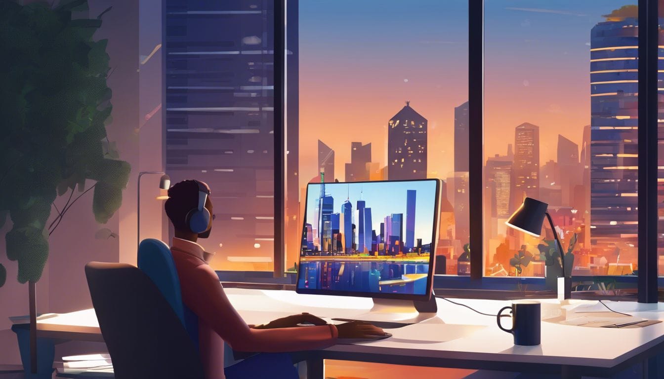 Een persoon gebruikt SnelStart software in een moderne stadsomgeving.