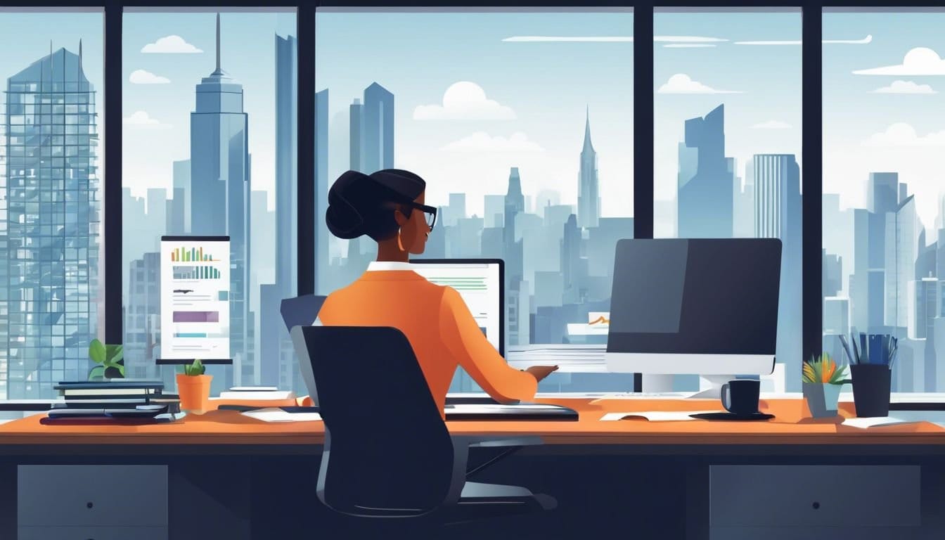 Een therapeut bekijkt financi&euml;le software op een modern kantoor.