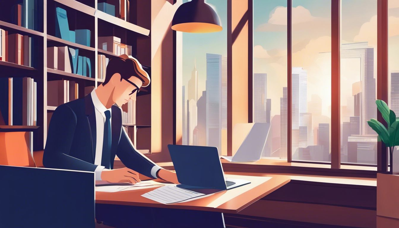 Een jonge ondernemer bekijkt een lijst met top 5 boekhoudsoftware op een laptop in een modern kantoor.