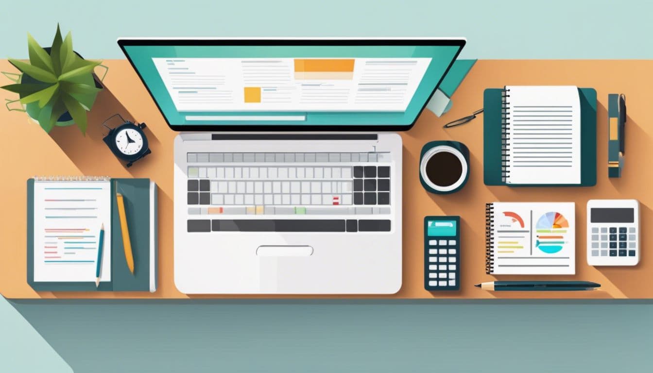 Een opgeruimd kantoor met laptop, rekenmachine en boekhoudkundige documenten.