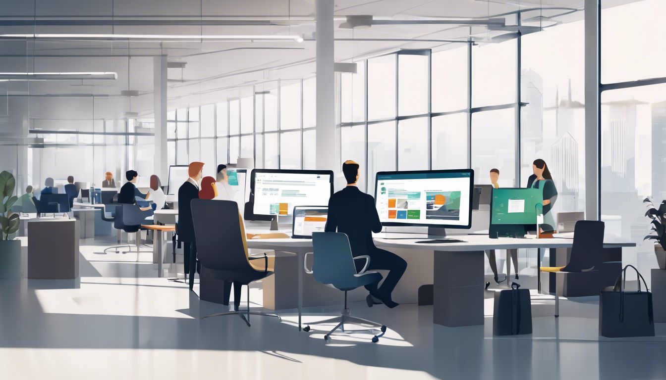 Een persoon werkt op een laptop met Microsoft Dynamics 365 Business Central in een moderne kantooromgeving, omringd door collega's.