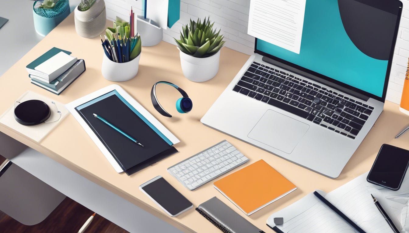 Een opgeruimd bureau met computer, omringd door kantoorbenodigdheden en foto’s. Een opgeruimd bureau met computer, omringd door kantoorbenodigdheden en foto's.