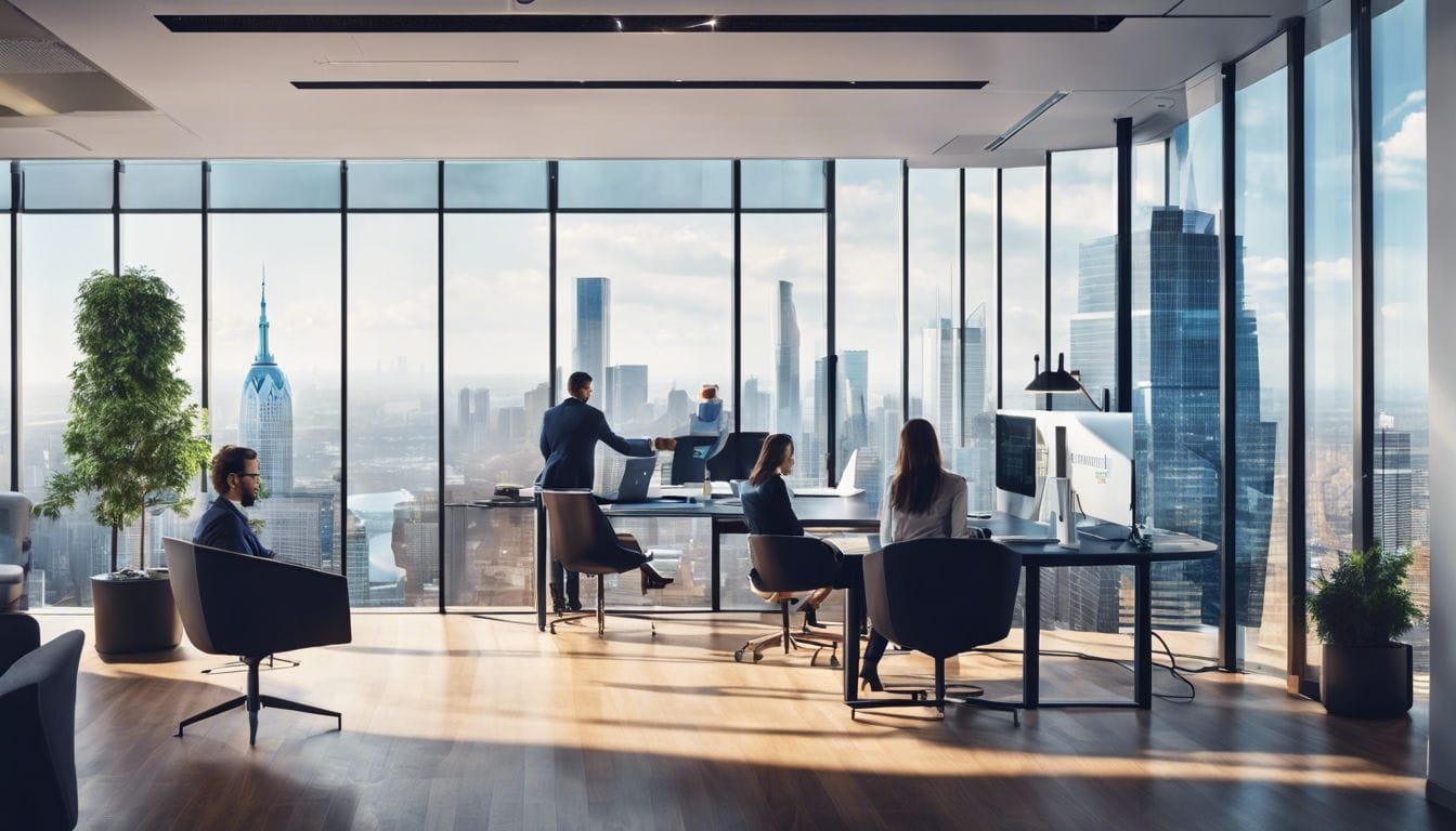 Financi&euml;le professionals bestuderen Gartners Magic Quadrant in modern kantoor.