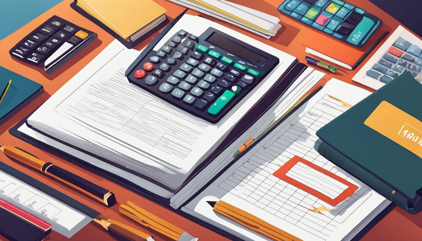 Een keurig georganiseerd grootboek met financiële documenten en kantoorbenodigdheden. Een keurig georganiseerd grootboek met financiële documenten en kantoorbenodigdheden.