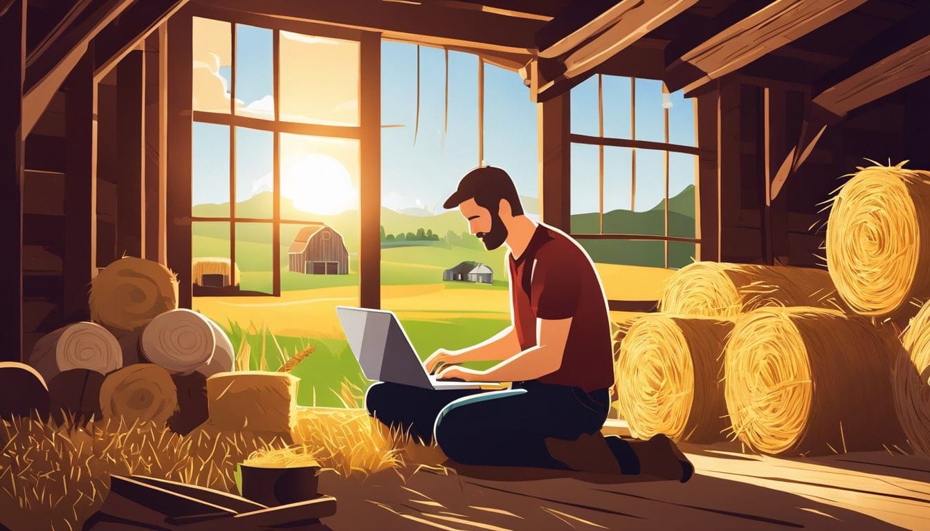Een boerenarbeider gebruikt Mifas Online in een rustieke schuur.