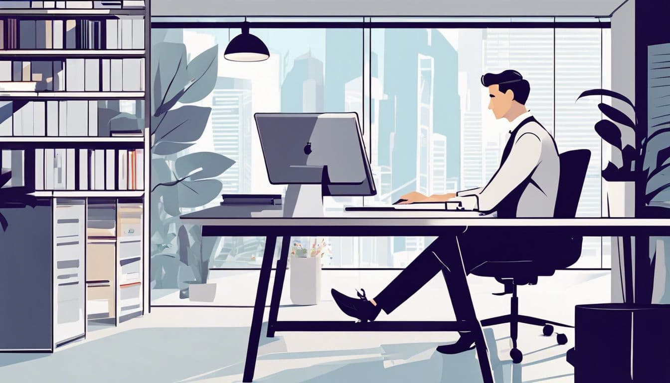 Een persoon werkt geconcentreerd aan een bureau omringd door georganiseerde documenten en een stadsgezicht.