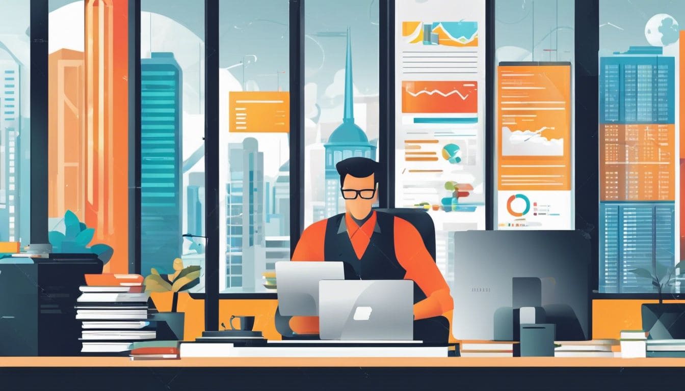 Een professional in een kantooromgeving, omringd door een moderne stadsgezicht, interactie met een computerscherm. Een professional in een kantooromgeving, omringd door een moderne stadsgezicht, interactie met een computerscherm.