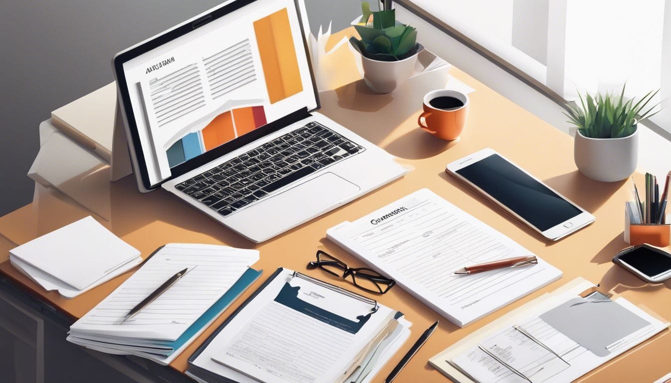 Goed georganiseerd kantoor met boekhoudboeken en financiële documenten. Goed georganiseerd kantoor met boekhoudboeken en financiële documenten.