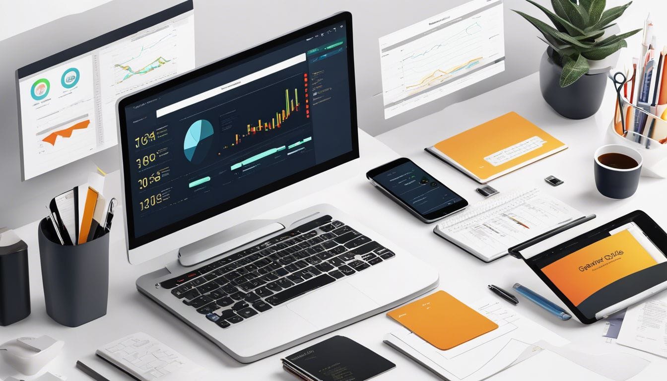 Een strak georganiseerd bureau met verschillende boekhoudsoftwarepakketten, gericht op modern design en een professionele sfeer.