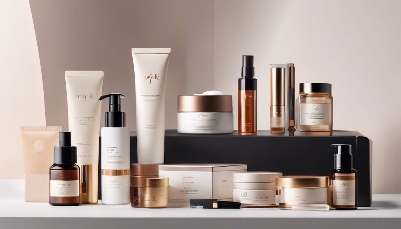 Collectie luxe beauty- en huidverzorgingsproducten op minimalistisch bureau.