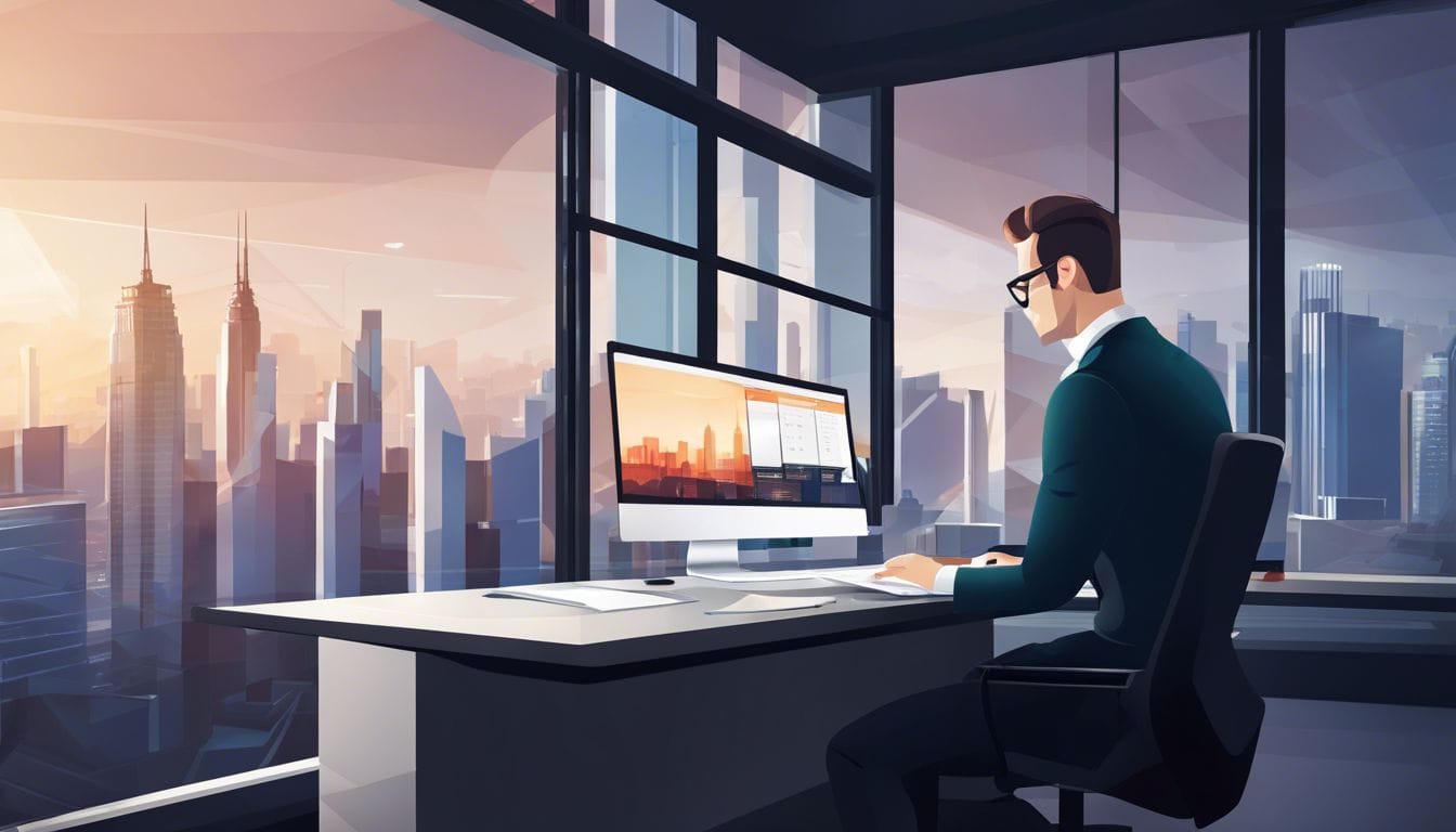 Een accountant werkt in een modern kantoor met Ohmega software.
