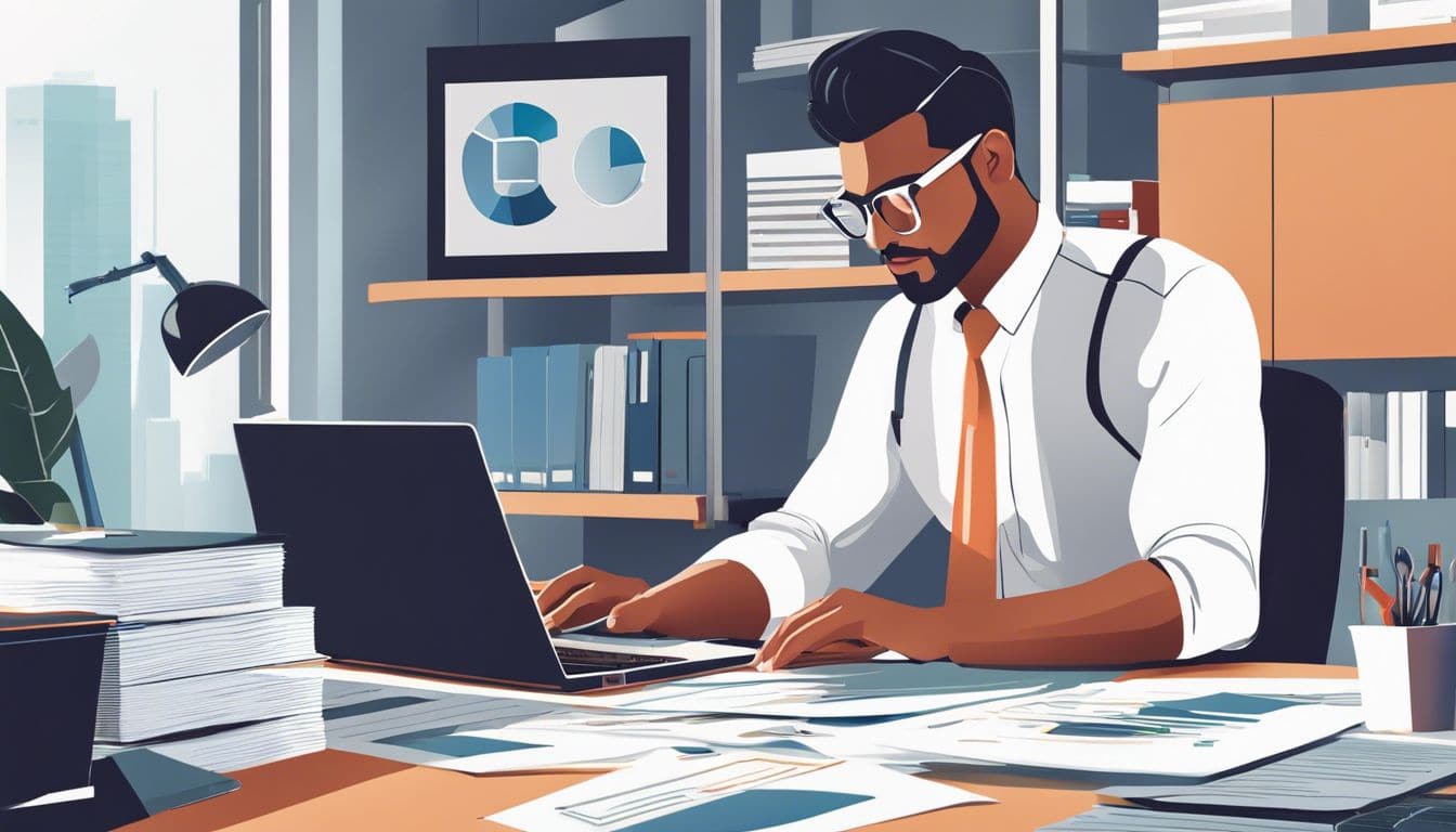 Een professionele accountant analyseert financi&euml;le documenten in een goed verlicht kantoor.