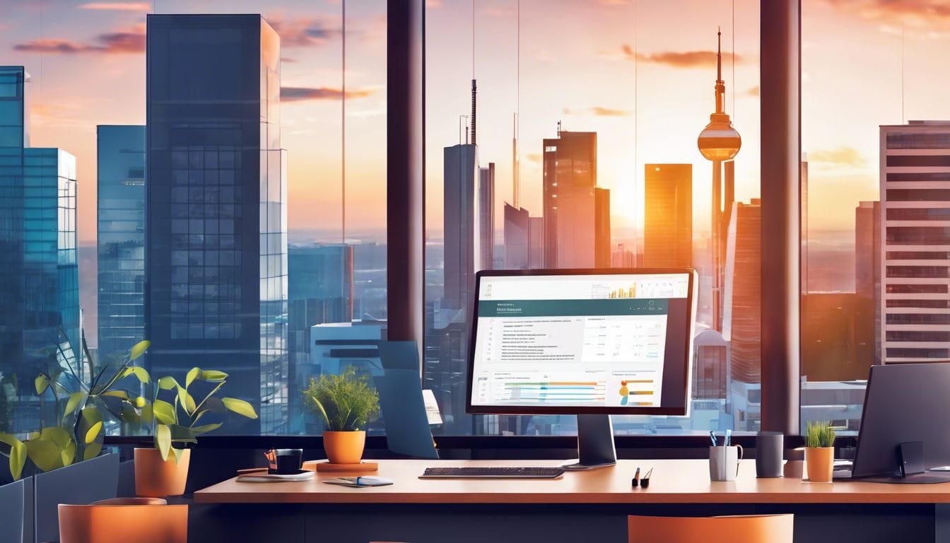 Moderne kantoorsetting met ondernemers die Duitse boekhoudsoftware gebruiken.