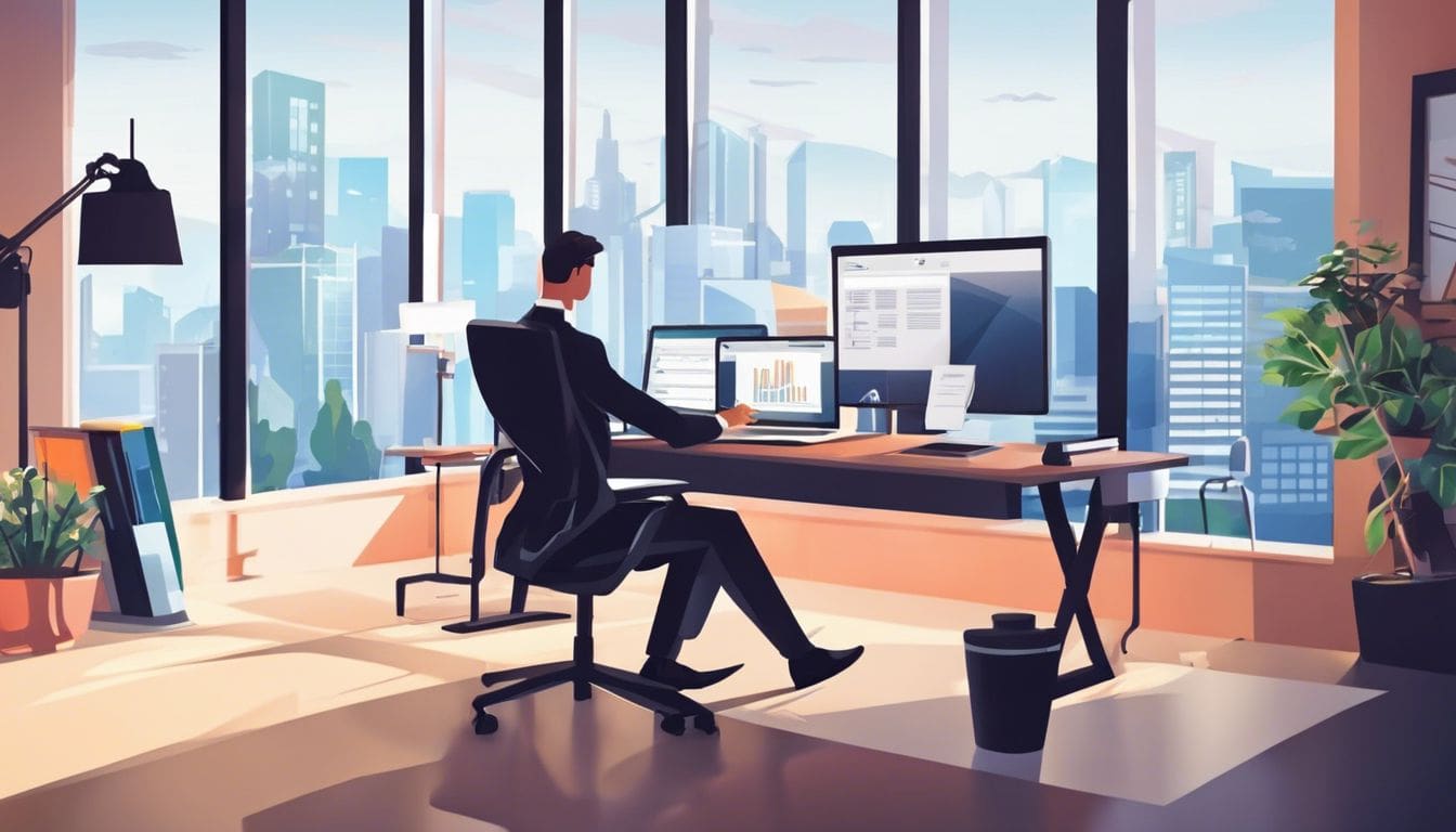 Een professionele accountant werkt met ProAcc software in een schoon thuiskantoor. Een professionele accountant werkt met ProAcc software in een schoon thuiskantoor.