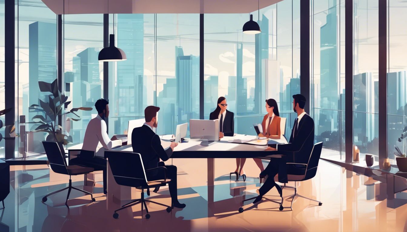 Een groep professionals bespreekt financi&euml;le gegevens in een modern kantoor.