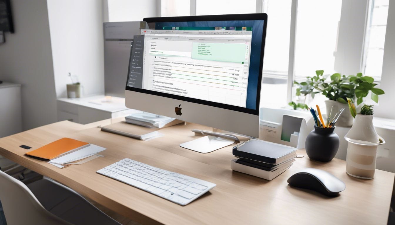 Een opgeruimde en georganiseerde werkruimte met een Apple computer en top 5 boekhoudsoftware op het scherm. Een opgeruimde en georganiseerde werkruimte met een Apple computer en top 5 boekhoudsoftware op het scherm.