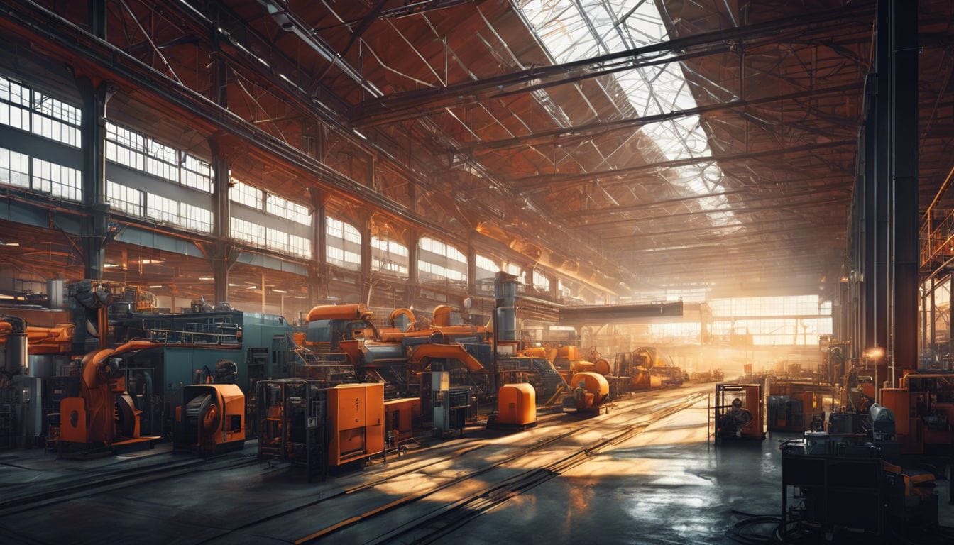 Een drukke, industriële fabriek vol met machines en werknemers. Een drukke, industriële fabriek vol met machines en werknemers.