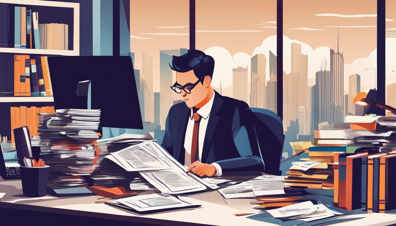 Een boekhouder werkt aan een rommelig bureau met financiële documenten. Een boekhouder werkt aan een rommelig bureau met financiële documenten.