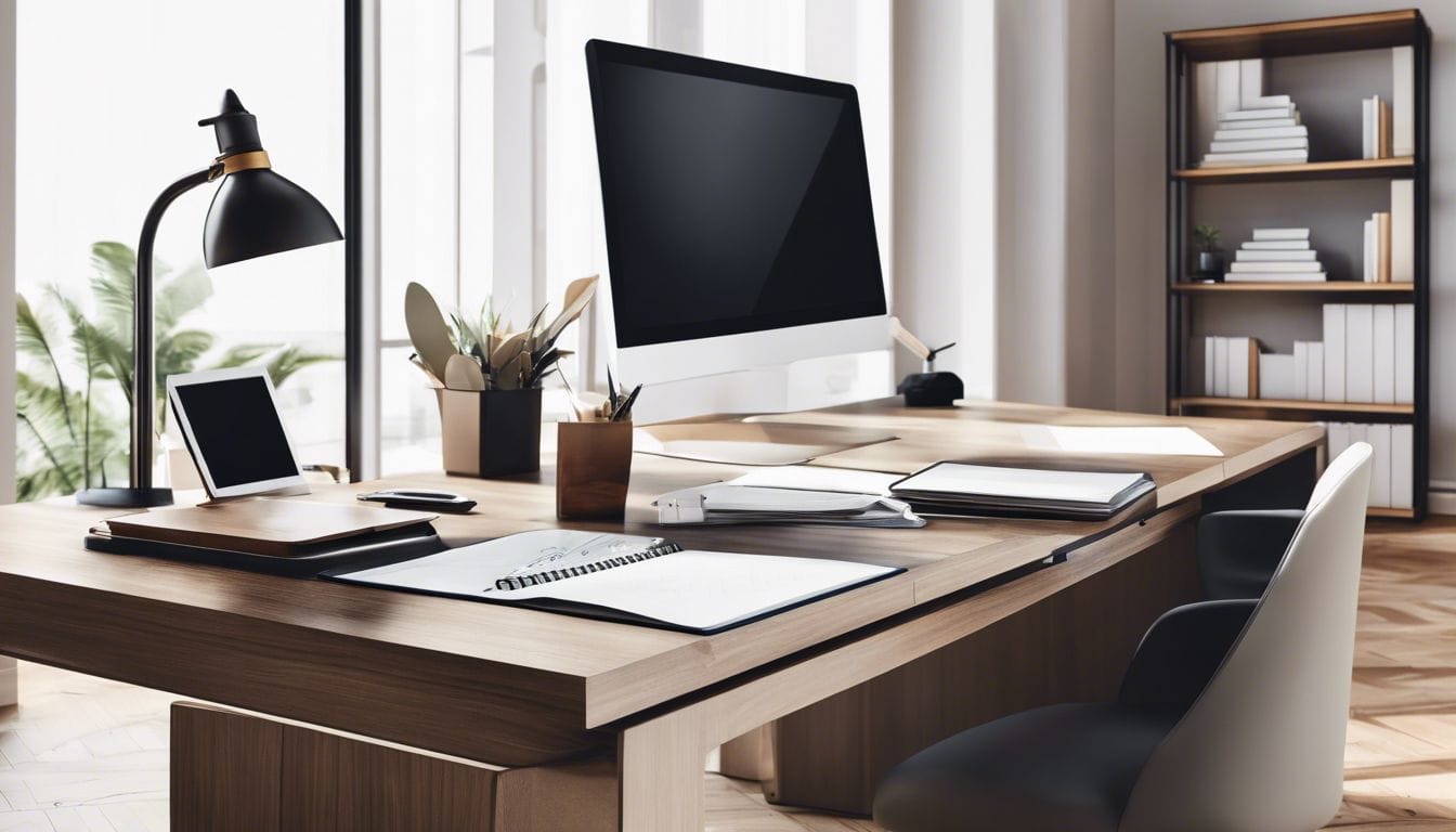 Een georganiseerd kantoorbureau met financiële documenten en een rekenmachine.