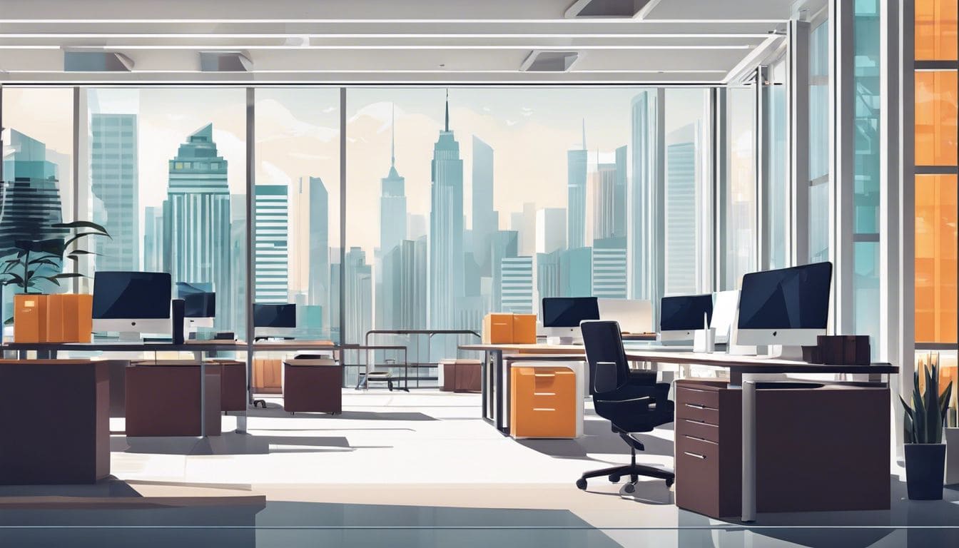 Een modern kantoor met georganiseerde loonadministratie en stadsgezichtfotografie.