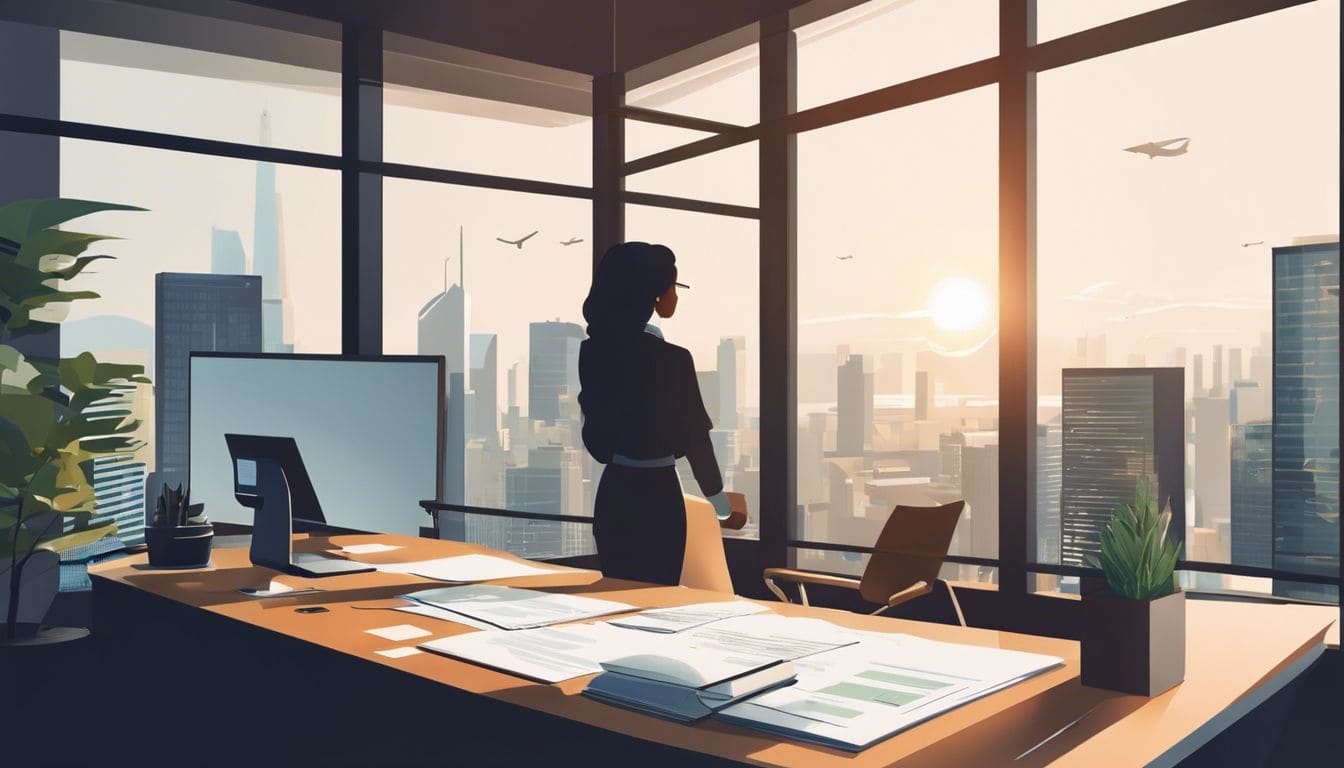 Een persoon beoordeelt financiële documenten in een rustige, professionele kantooromgeving.