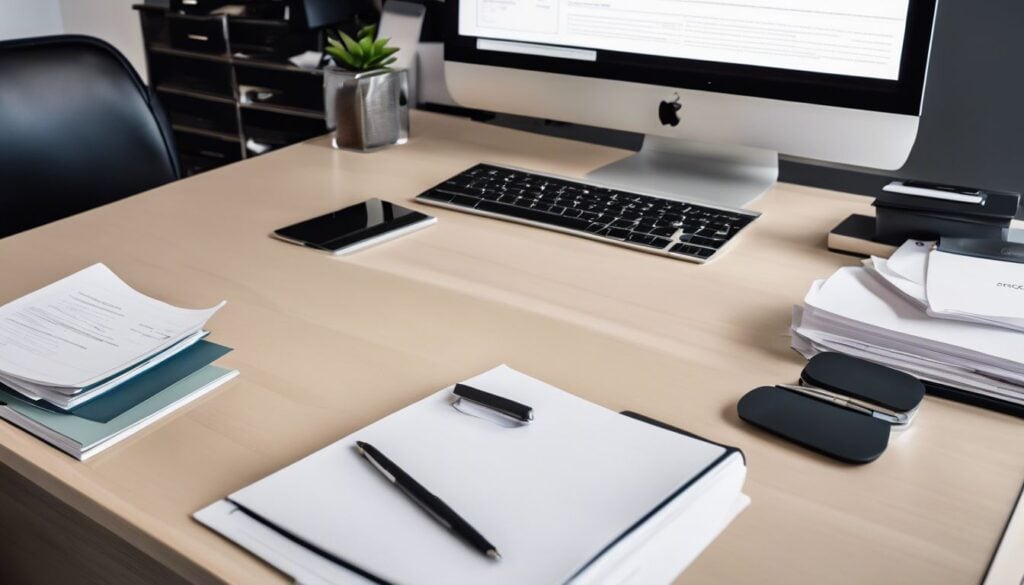 Een opgeruimd bureau met professionele documenten en een computer.