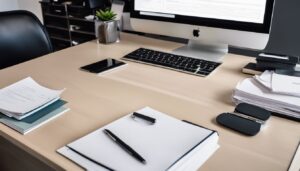 Een opgeruimd bureau met professionele documenten en een computer.