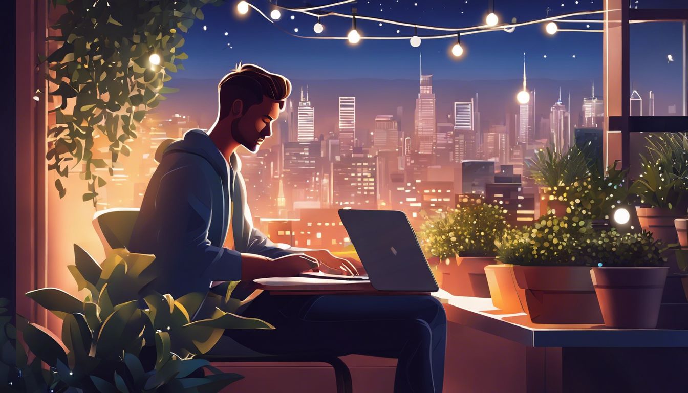 Een ondernemer werkt op een laptop in een gezellige daktuin met uitzicht op de stad bij schemering.