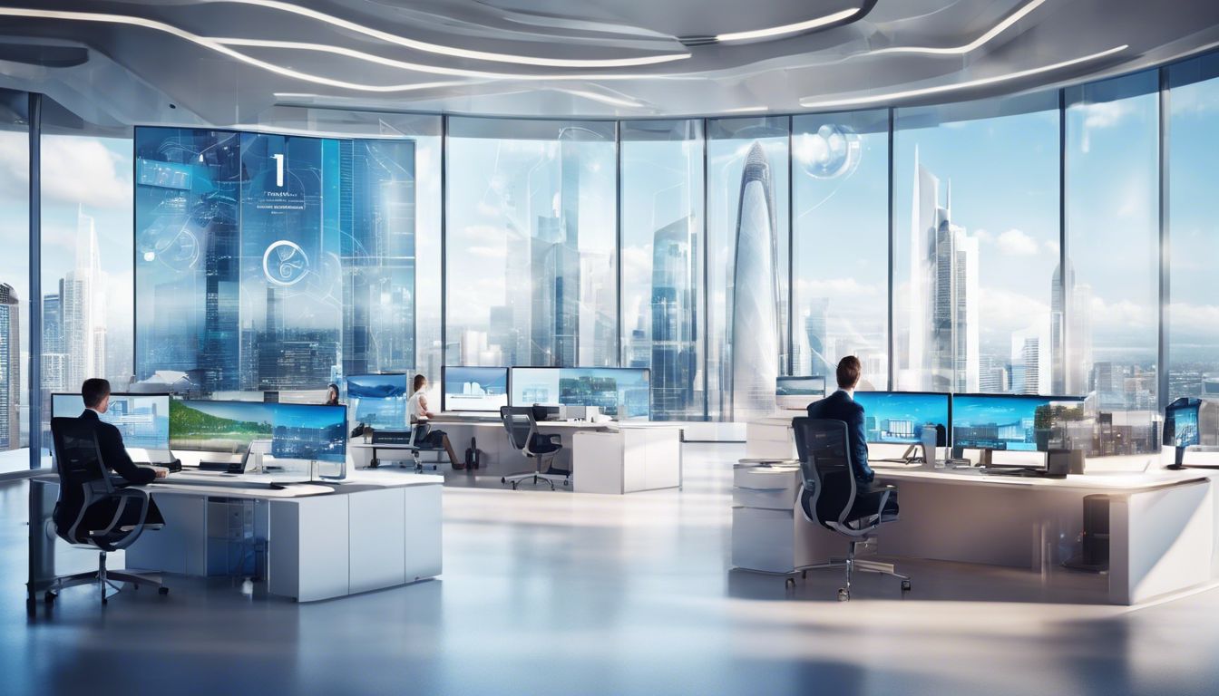 Een moderne kantooromgeving met geavanceerde software en diverse professionals.