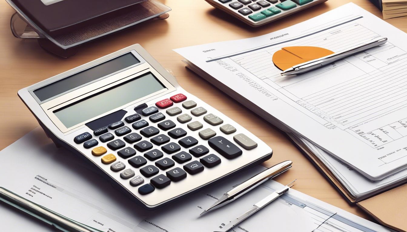 Een goed georganiseerd bureau met financiële documenten en een rekenmachine.