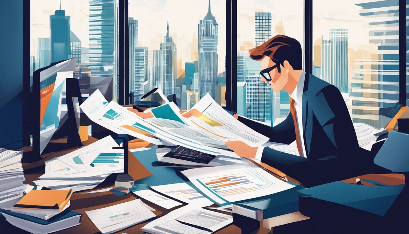 Een persoon beheert zelfverzekerd financiële documenten op kantoor. Een persoon beheert zelfverzekerd financiële documenten op kantoor.