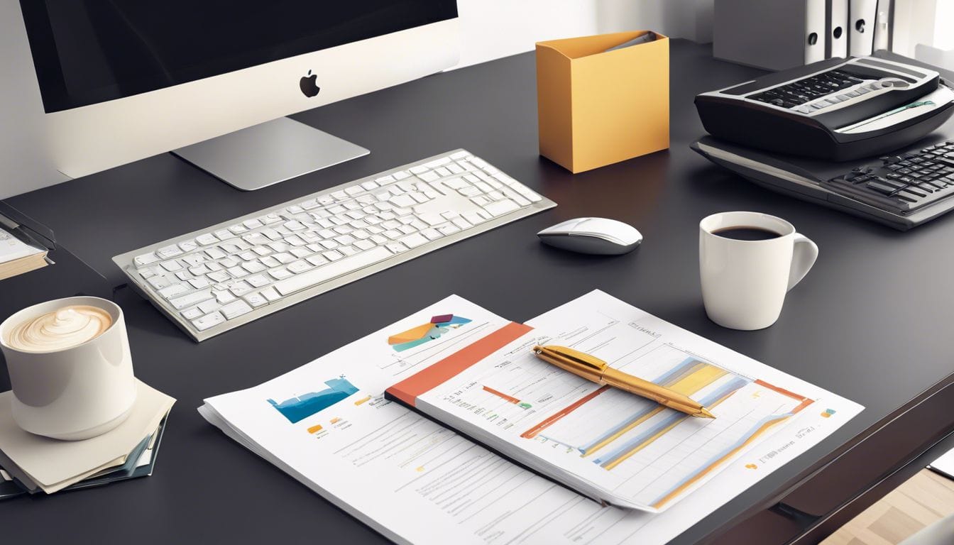 Een opgeruimde en professionele kantooromgeving met een georganiseerd bureau en moderne apparatuur.