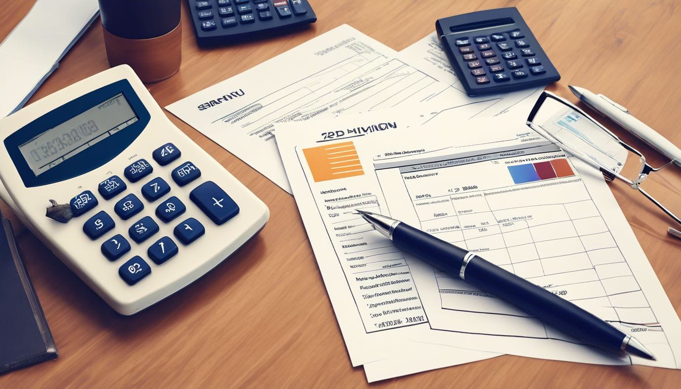 Een georganiseerde werkplek met calculator en financi&euml;le documenten.