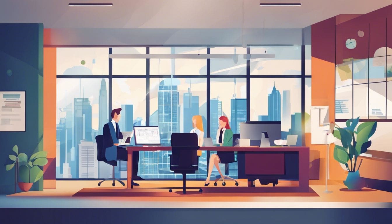 Een team van accountants bespreekt Yuki abonnementen in een modern kantoor.