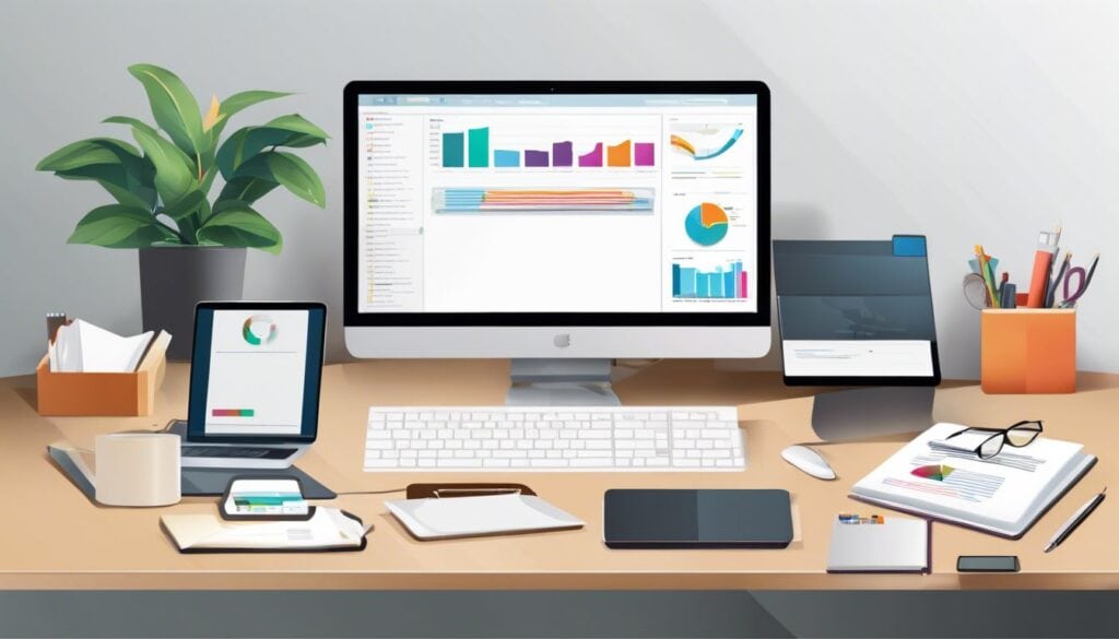 Een opgeruimd kantoor met een computer en open Primo-accounting software.