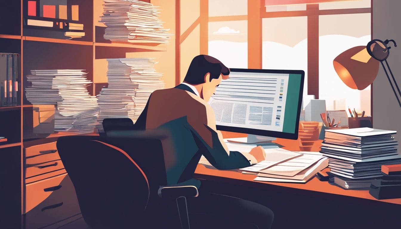Een professional zit aan een bureau en bekijkt papierwerk in een georganiseerde kantooromgeving. Een professional zit aan een bureau en bekijkt papierwerk in een georganiseerde kantooromgeving.