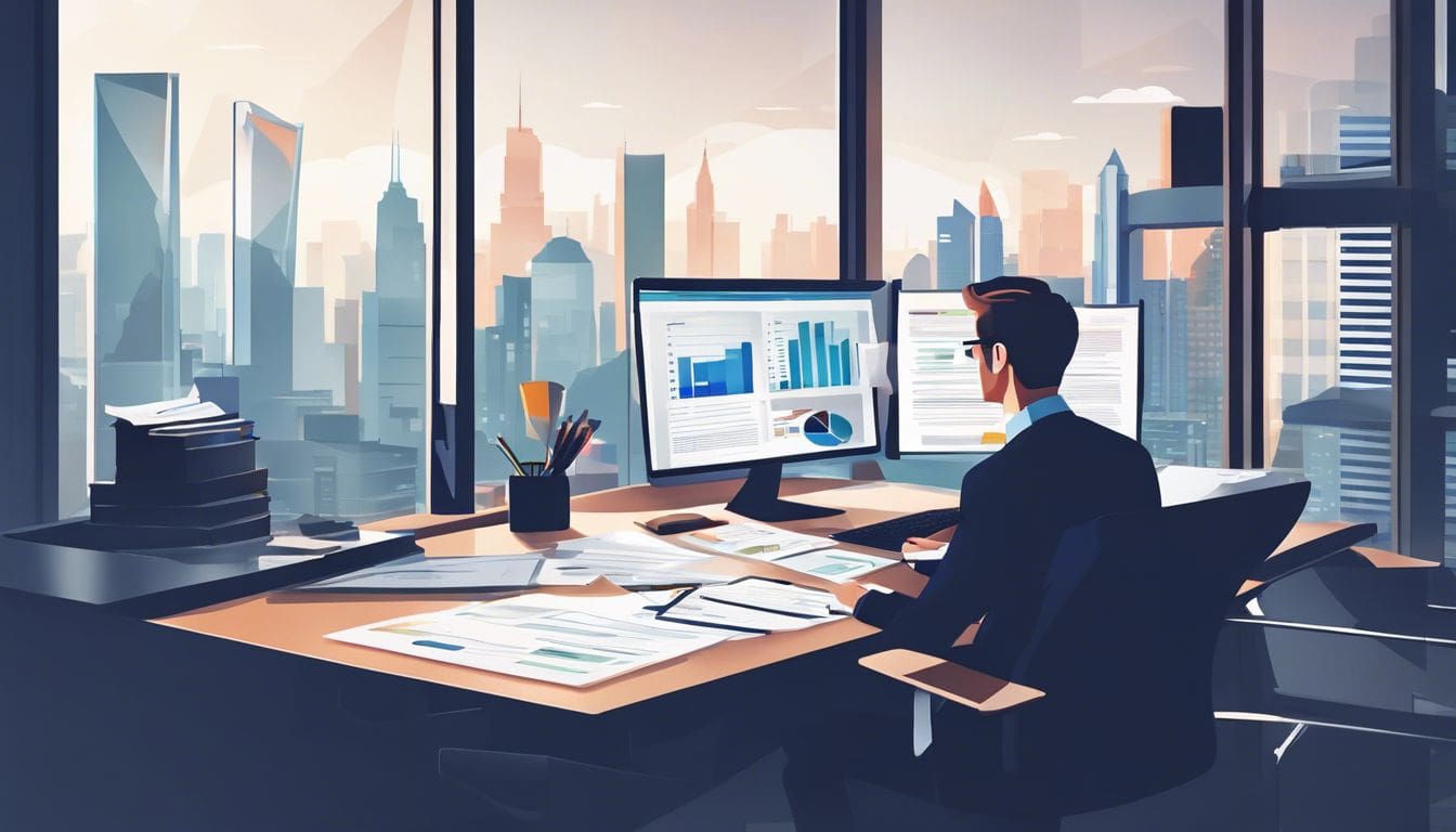 Een persoon werkt georganiseerd op een modern kantoor met financi&euml;le documenten.