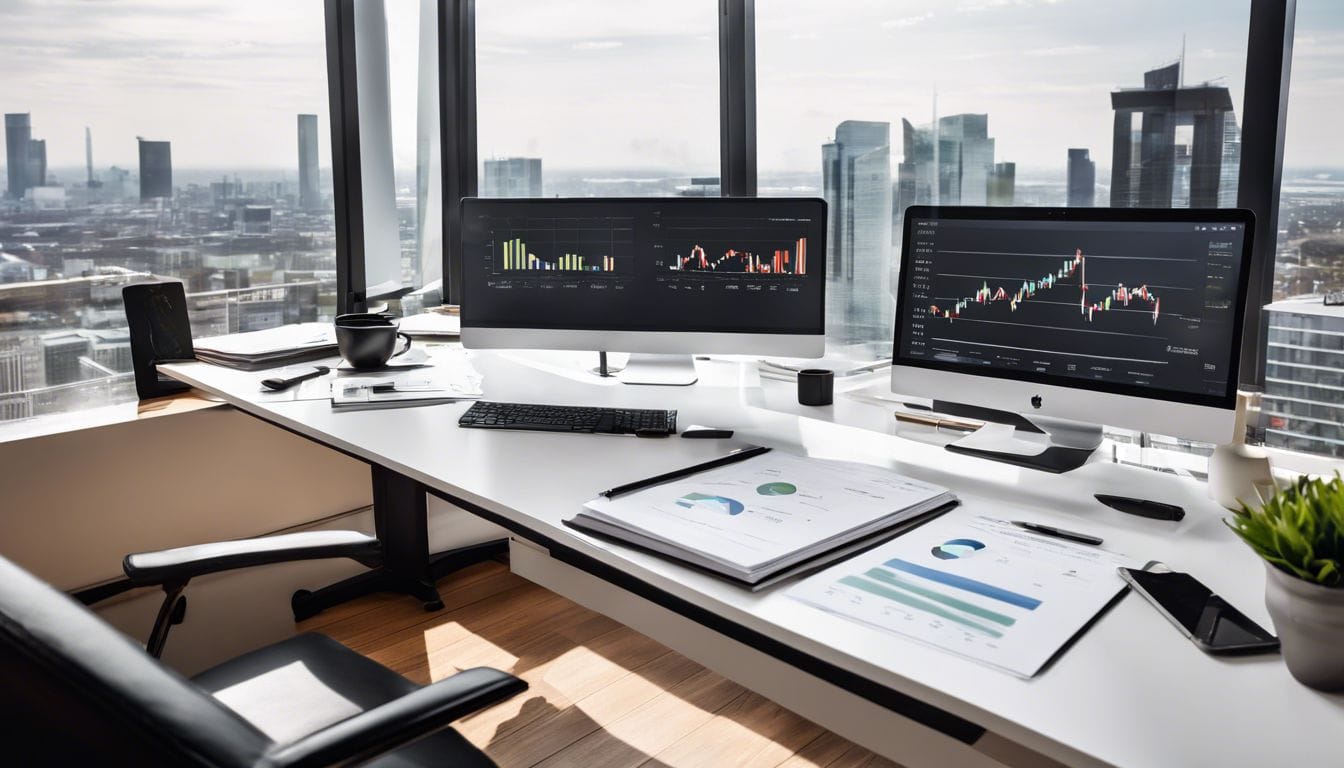 Een opgeruimd en georganiseerd kantoorbureau met financiële documenten.