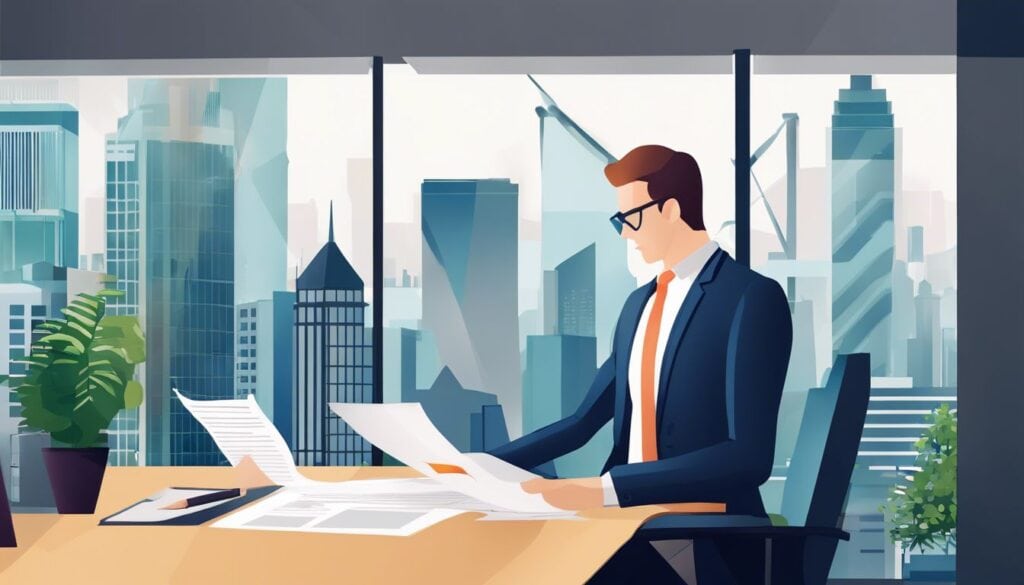 Een ondernemer bekijkt financiële documenten in een modern kantoor.