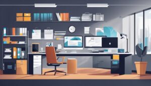 Een projectmanager organiseert bestanden en documenten in een moderne kantooromgeving.