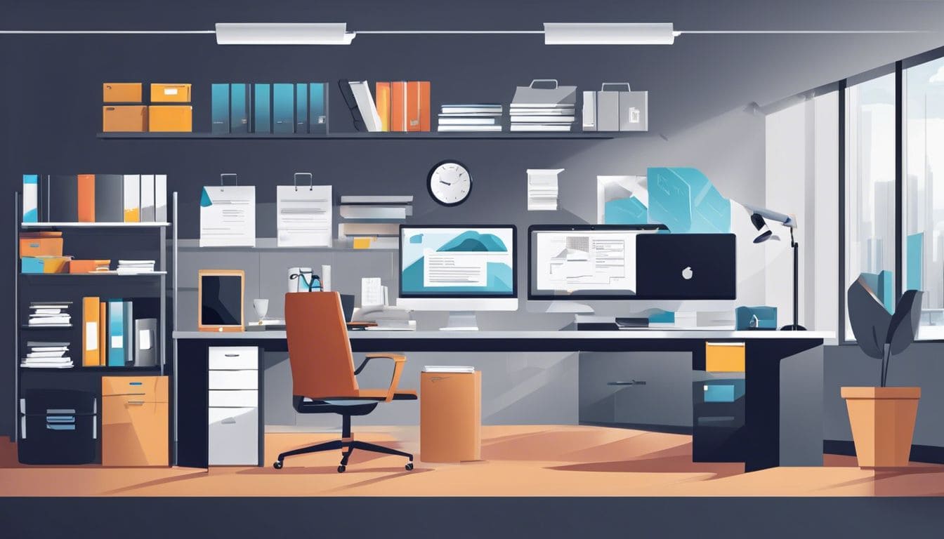 Een projectmanager organiseert bestanden en documenten in een moderne kantooromgeving.