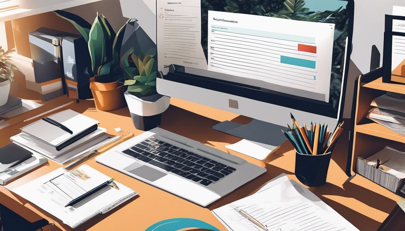 Een precieze freelancer organiseert projectsubsidie papierwerk in een goed verlicht thuiskantoor. Een precieze freelancer organiseert projectsubsidie papierwerk in een goed verlicht thuiskantoor.