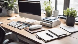 Een opgeruimd bureau met computer, rekenmachine en papierwerk, benadrukt organisatie en productiviteit.