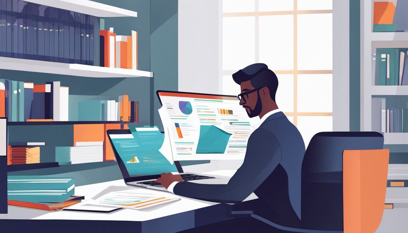 Een zakelijke eigenaar werkt op een schone bureau met laptop en financiële documenten.