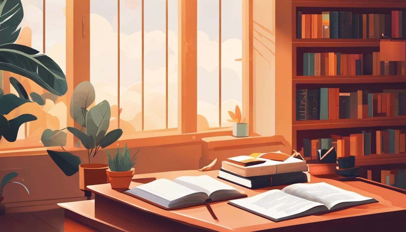 Een inspirerende en rustige studieruimte met een open boek vol citaten.