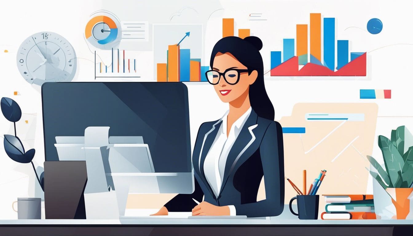 Een zelfverzekerde zakenvrouw berekent kortingen en terugbetalingen in een moderne kantooromgeving.