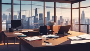 Een professionele accountant organiseert papierwerk in een moderne kantooromgeving.