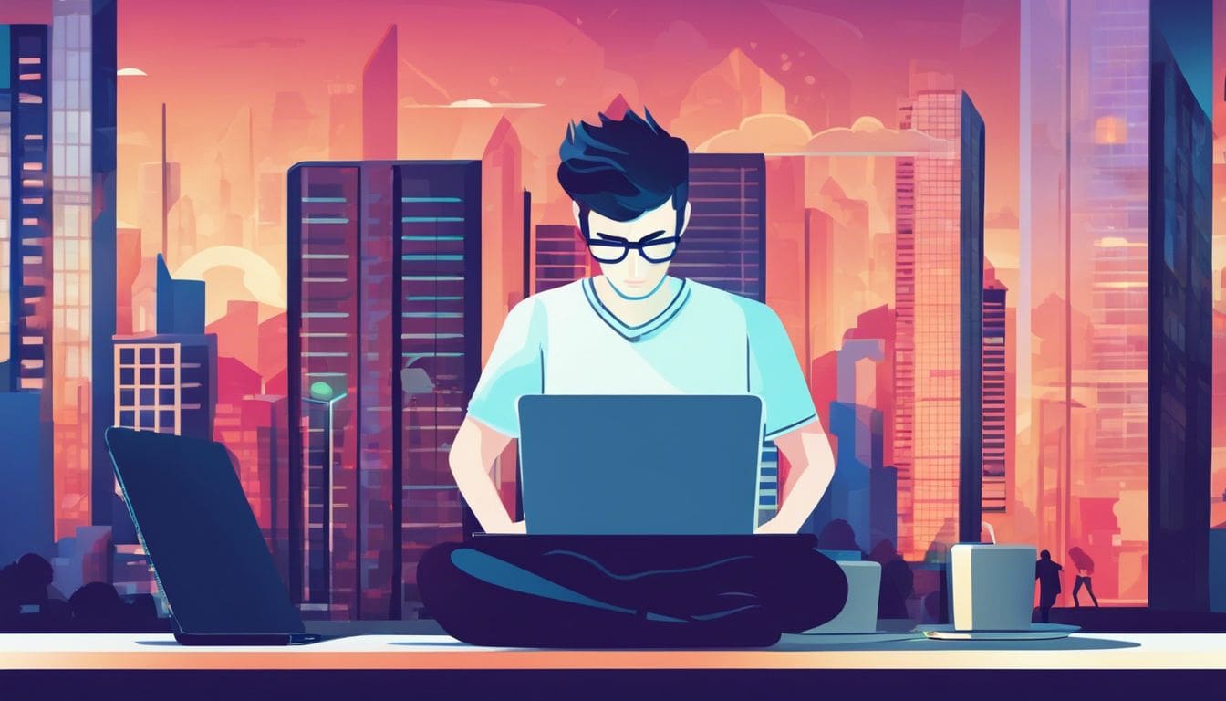 Een gefrustreerd persoon probeert te werken op een laptop zonder internettoegang in de stad.