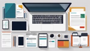 Een netjes georganiseerd bureau met financiële documenten en een laptop in een professionele kantooromgeving.