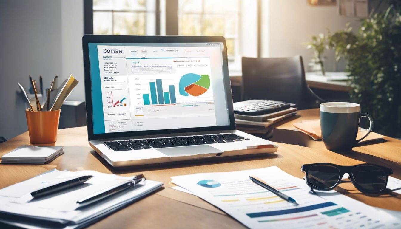 Een opgeruimd bureau met financiële documenten en een rekenmachine in een moderne kantooromgeving.